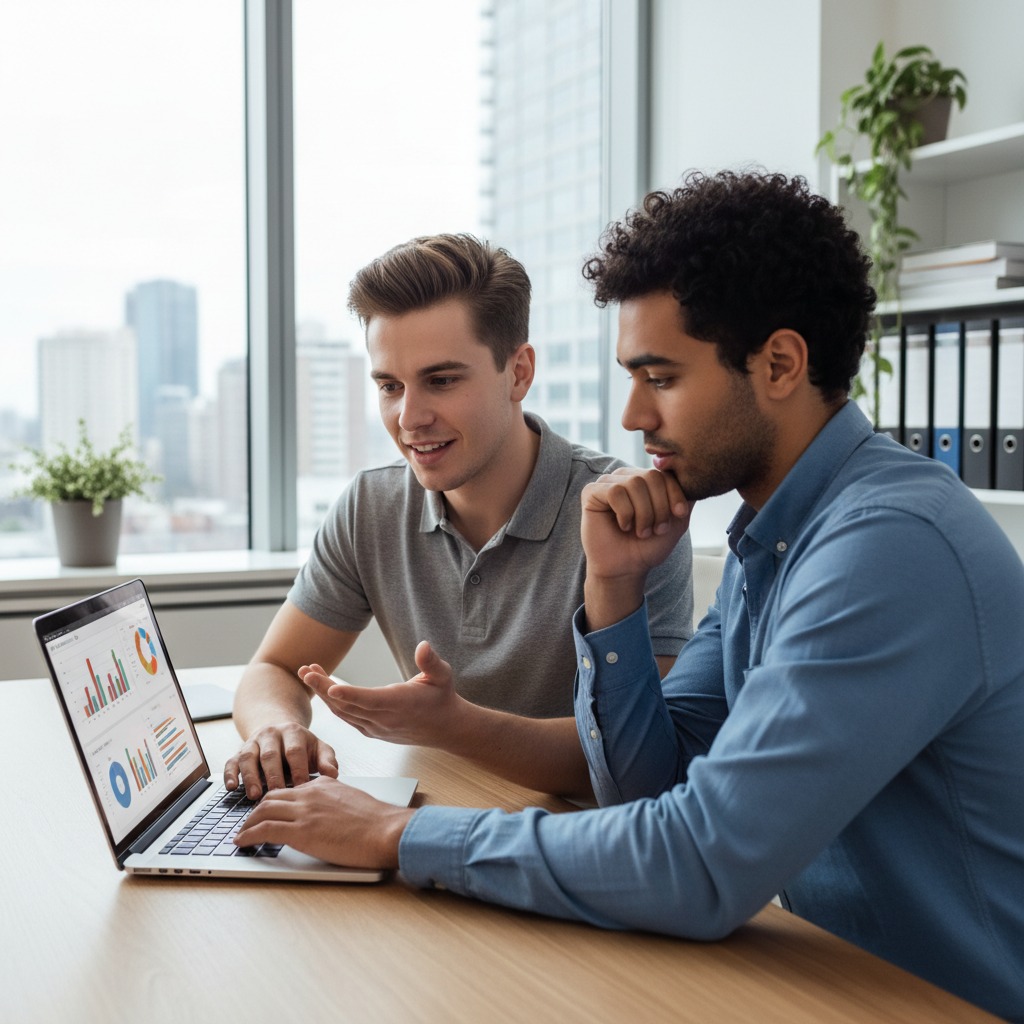 Dois colegas de trabalho analisam gráficos em um laptop em um escritório com vista para a cidade.